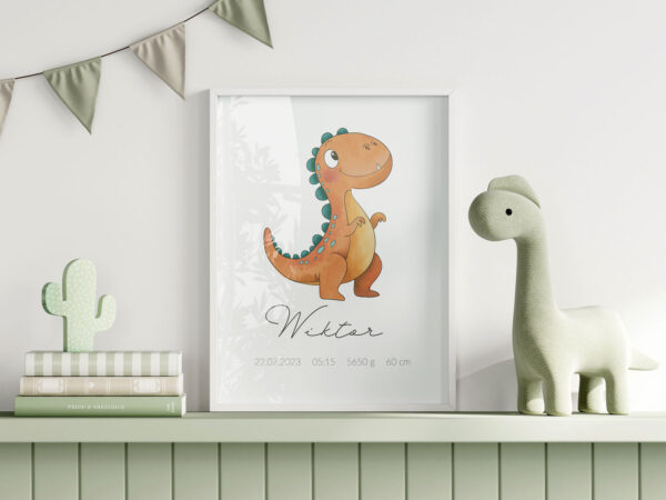 ersonalizowana metryczka „Dinozaur” – unikalna dekoracja do pokoju dziecka
