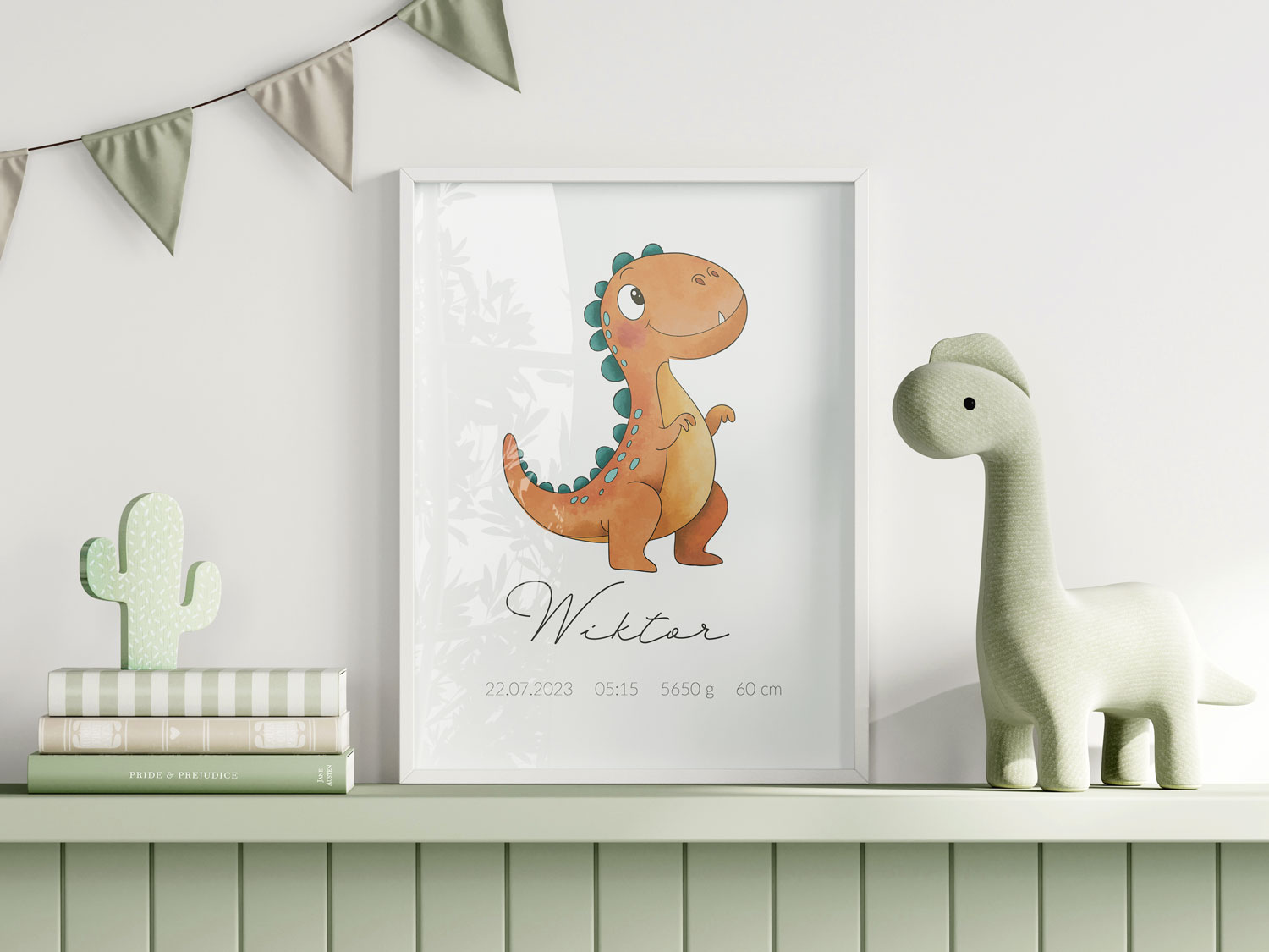 ersonalizowana metryczka „Dinozaur” – unikalna dekoracja do pokoju dziecka